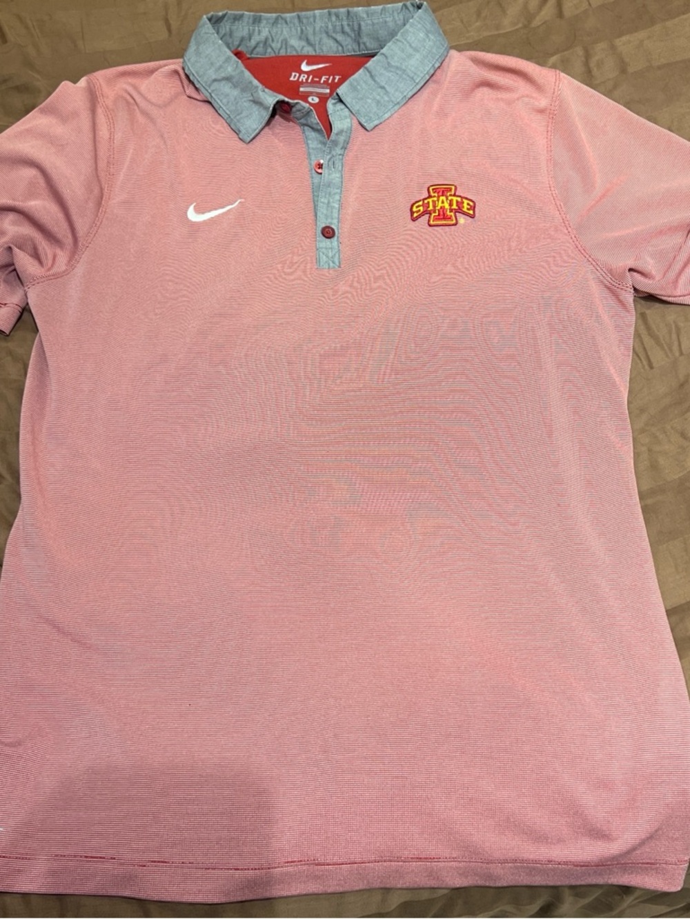 Nike red  Polo with Chambray Collar and Iowa State Patch